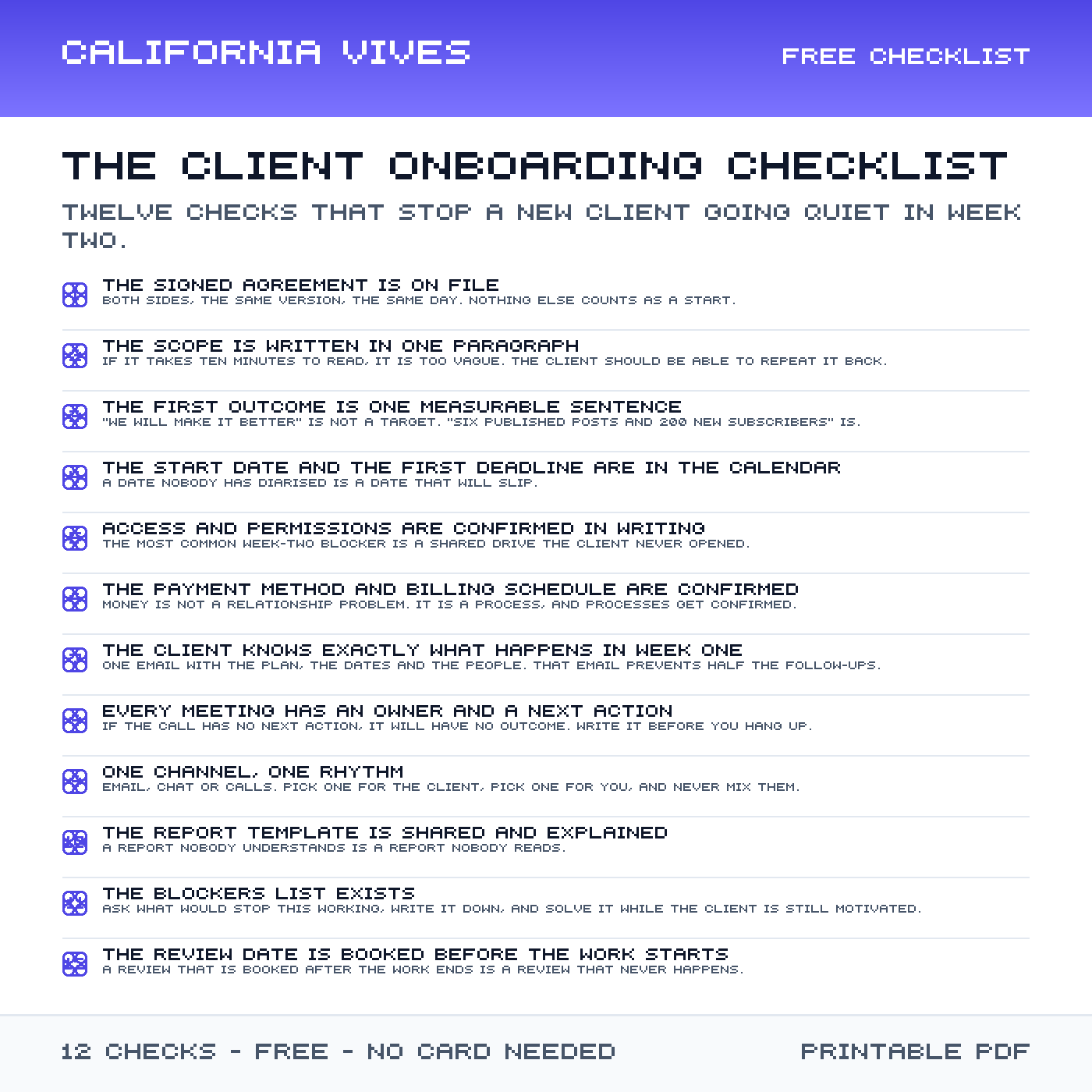 The The client onboarding checklist — twelve checks, two columns